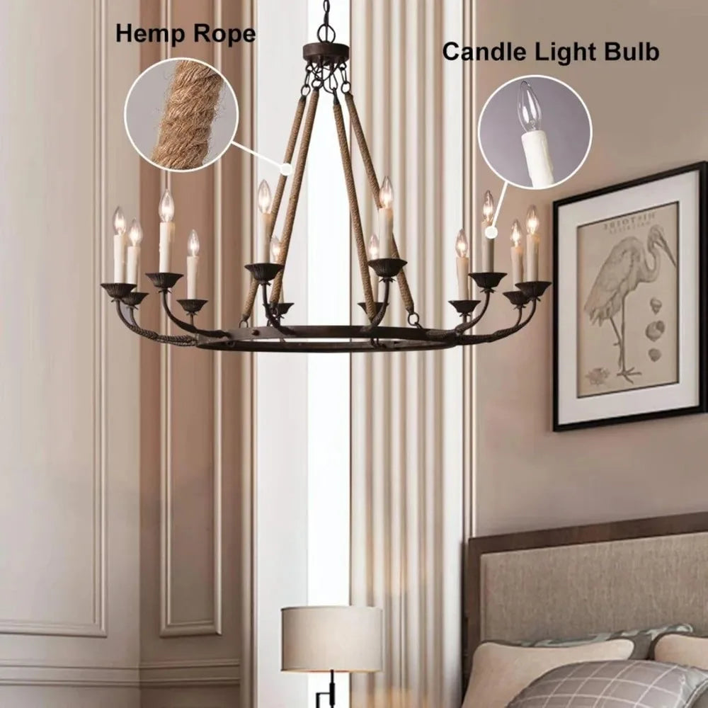 Vintage Chandeliers for Dining Room 12-Light Ceiling Light Fixture Flaxen Hemp Rope and Metal Rustic Round Candelabra Chandelier