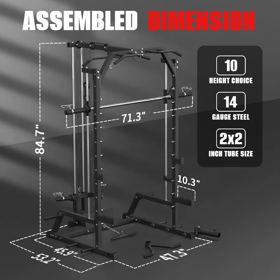 Smith Machine Power Rack with LAT Pulldown System Power Cage with Cable System Squat Rack for Home Gym with Chest Press Machine
