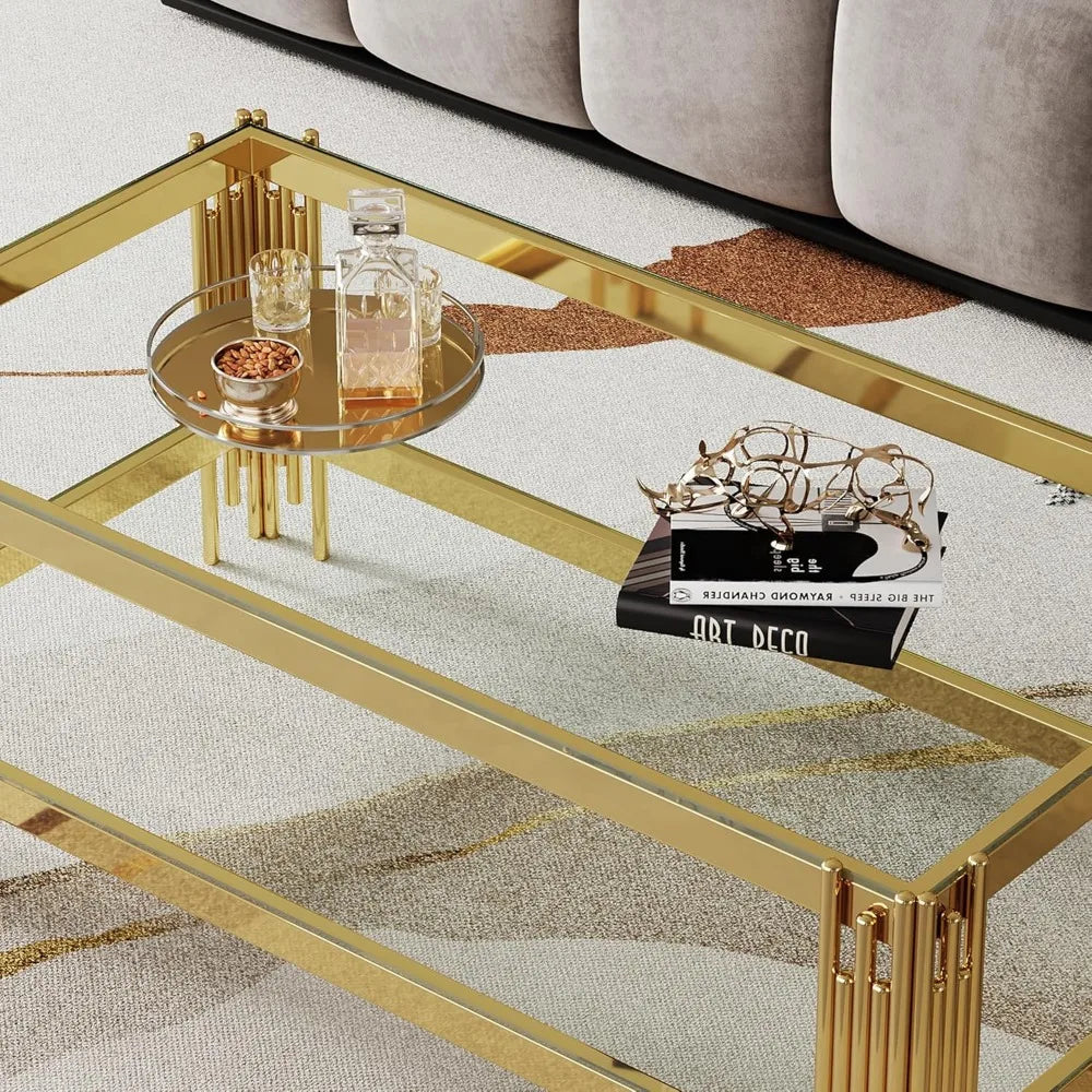 Modern Glass Coffee Table 47" Gold Center Table with Tempered Glass Top and Mirror Finish Stainless Steel Legs, Luxury Rectangu