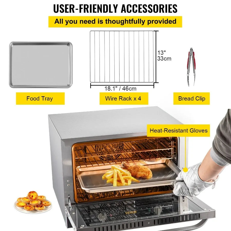 Commercial Convection Oven 66L 60Qt HalfSize Conventional Oven Countertop 1800W 4Tier Toaster w Front Glass Door Electric Baki