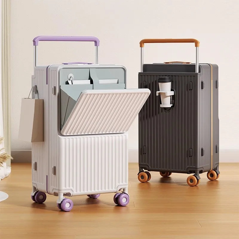 New Wide Tie Rod Luggage Front Opening Laptop Bag Multifunctional Travel Suitcases 20 inch Cabin Bag 24-30''Large Size Suitcases