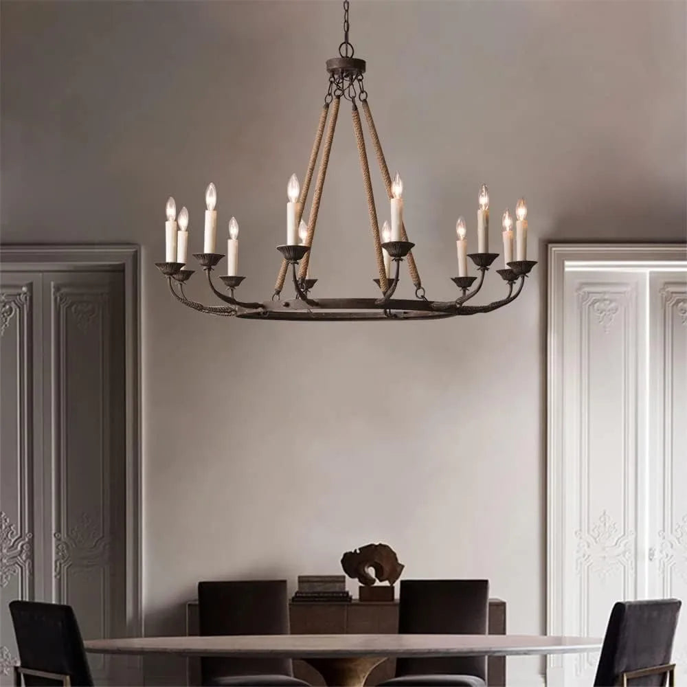 Vintage Chandeliers for Dining Room 12-Light Ceiling Light Fixture Flaxen Hemp Rope and Metal Rustic Round Candelabra Chandelier