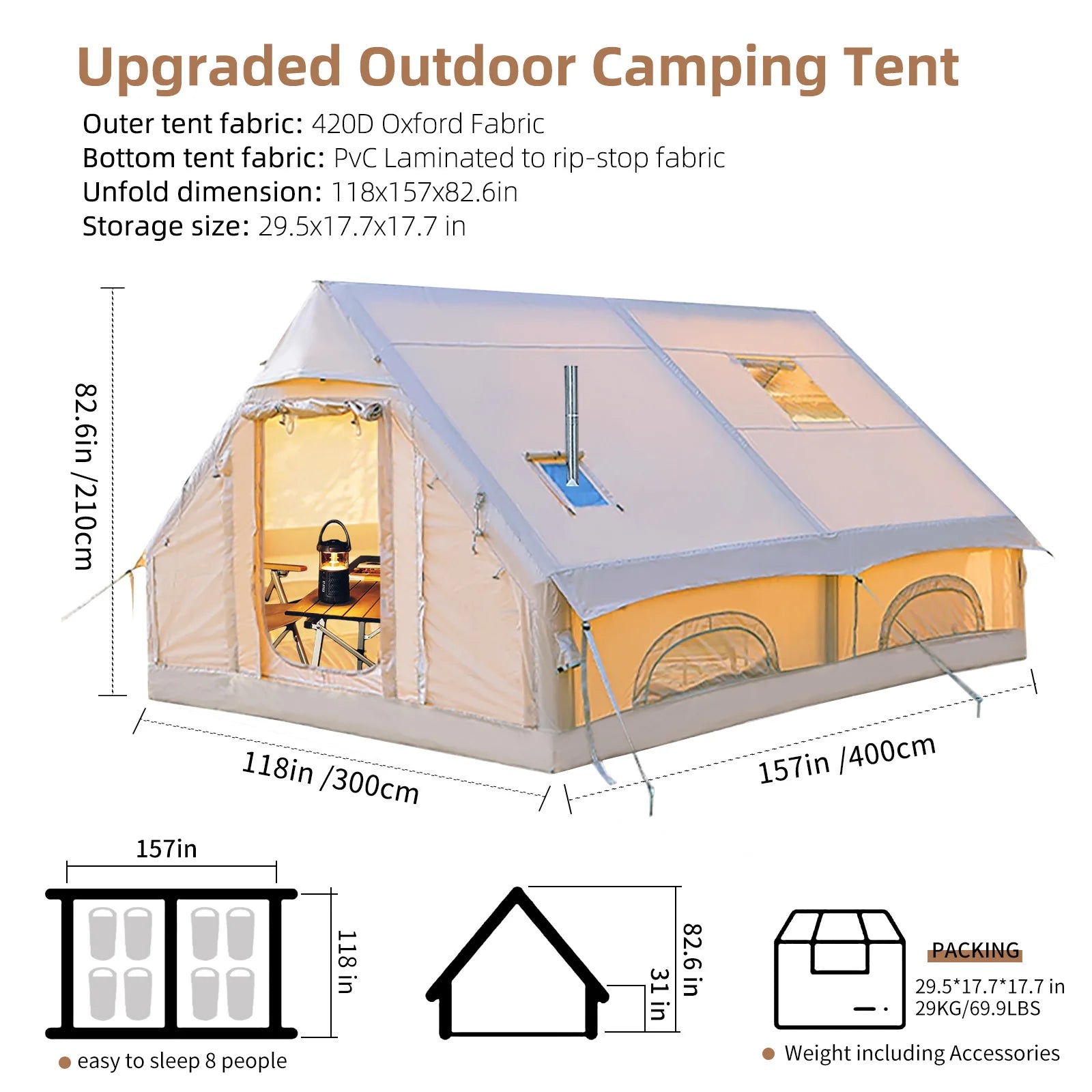 4 Season Inflatable Tents for Camping, Large Inflatable Camping Tent with Hand Pump, Portable Glamping Tent
