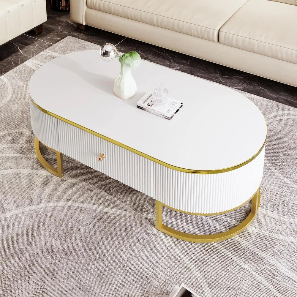 Modern Oval Coffee Table with Drawers,Curved Profile Design, Gold Metal Decor, Center Table for Living Room in 47.2"