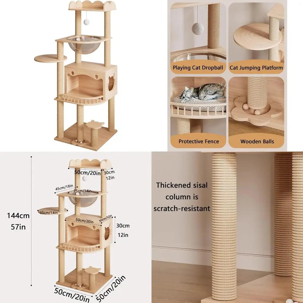 indoor cat tree house, tall and solid wood modern climbing frame for cats