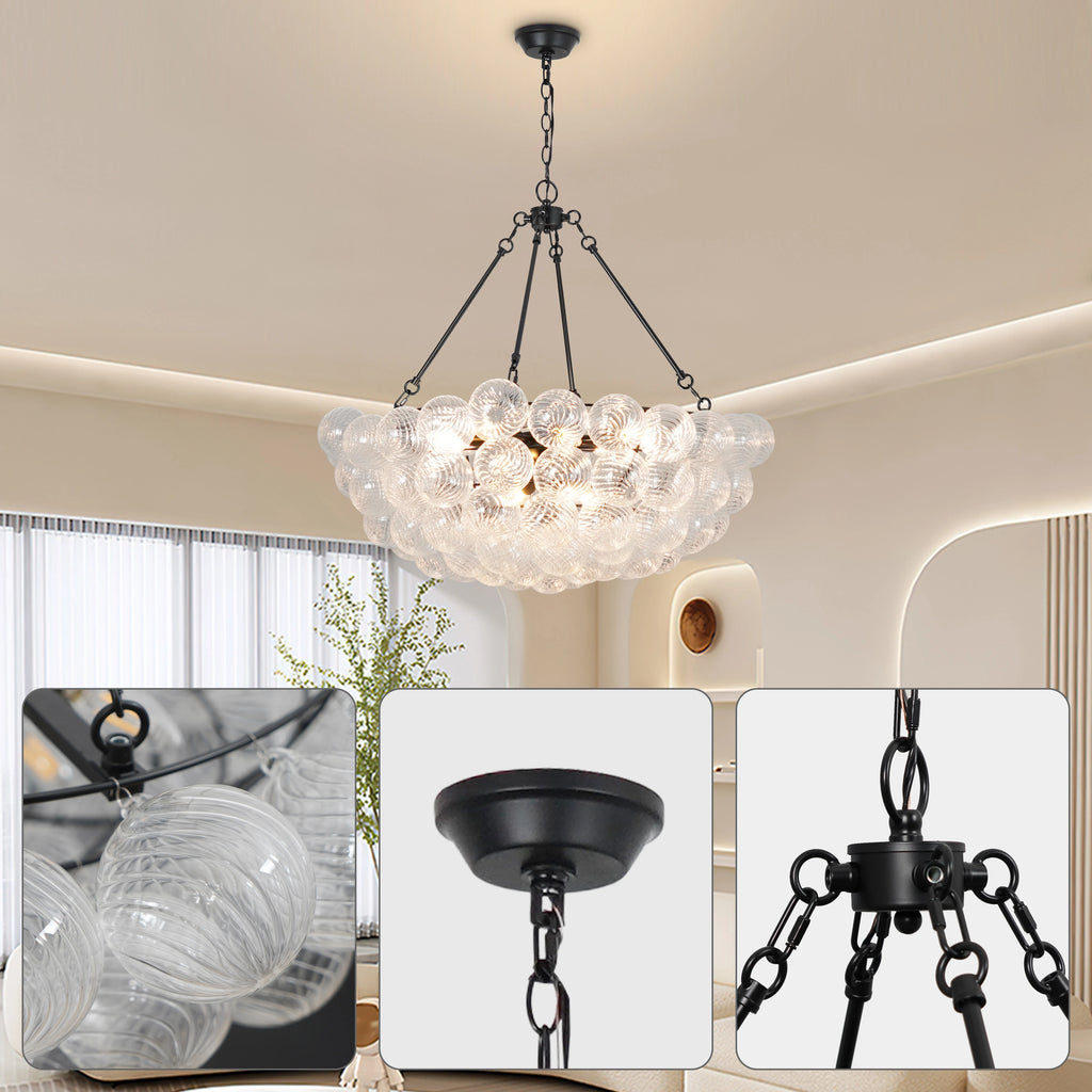 Bubble Glass Chandelier Black Large Round Chandelier Modern Hanging Globe Light for Living Dining Room Entryway