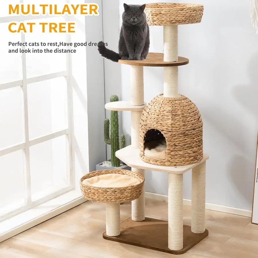 Large Wood Cat Tree Tower for Indoor Cats, Multi-Cats Scratching Post & Cat Condo with Handwoven Cat House Basket, Thick Sisal P