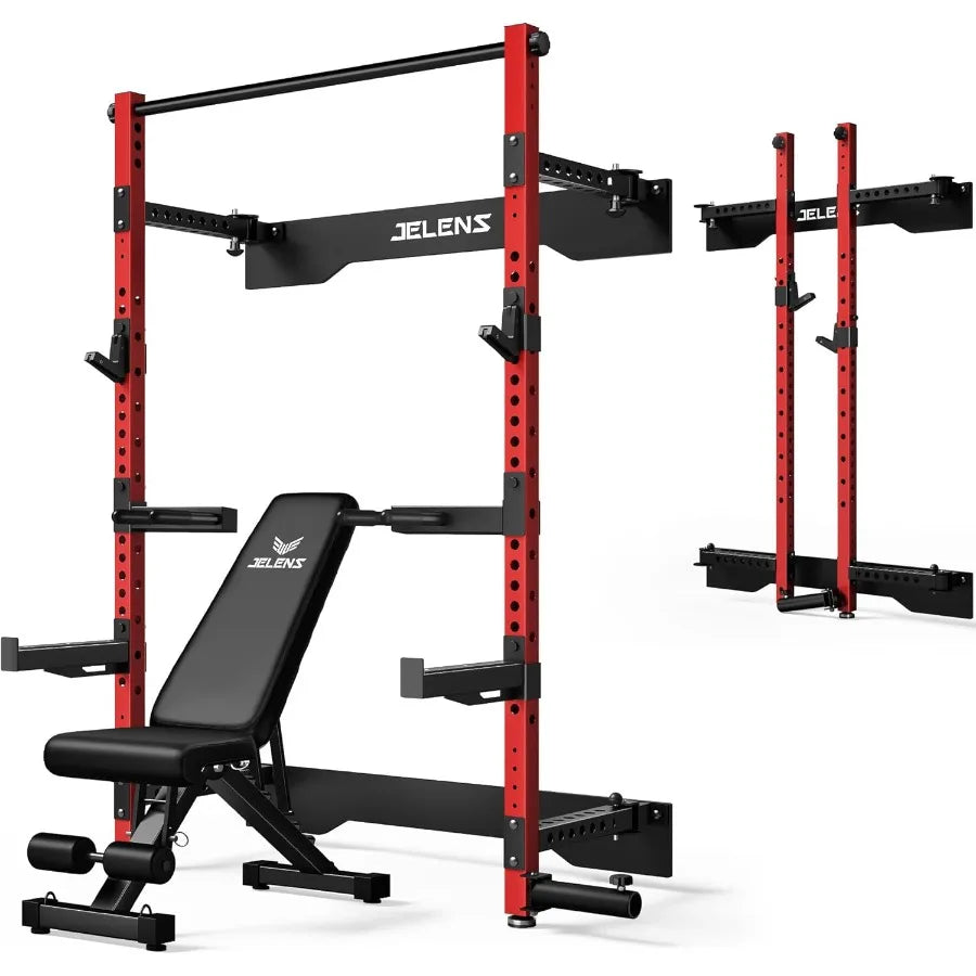 Wall Mounted Folding Squat Rack for Home Gym: SpaceSaving MultiFunctional Power Cage with Attachments for Strength Training Adj