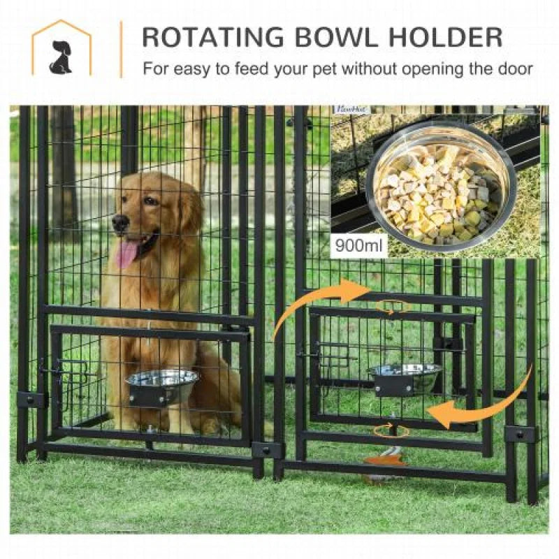Outdoor Kennel With Rotating Bowl Rack Walk-in Pet Playpen Welded Wire Steel Dog Pen Waterproof UV Resistant Awning USA