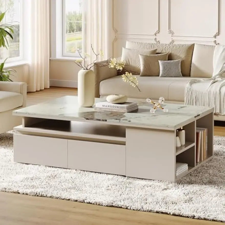 Extendable Tabletop Coffee Table with 4 Drawers & Storage Shelf, Modern from 51-Inch to 71-Inch Center Table for Living Room, F