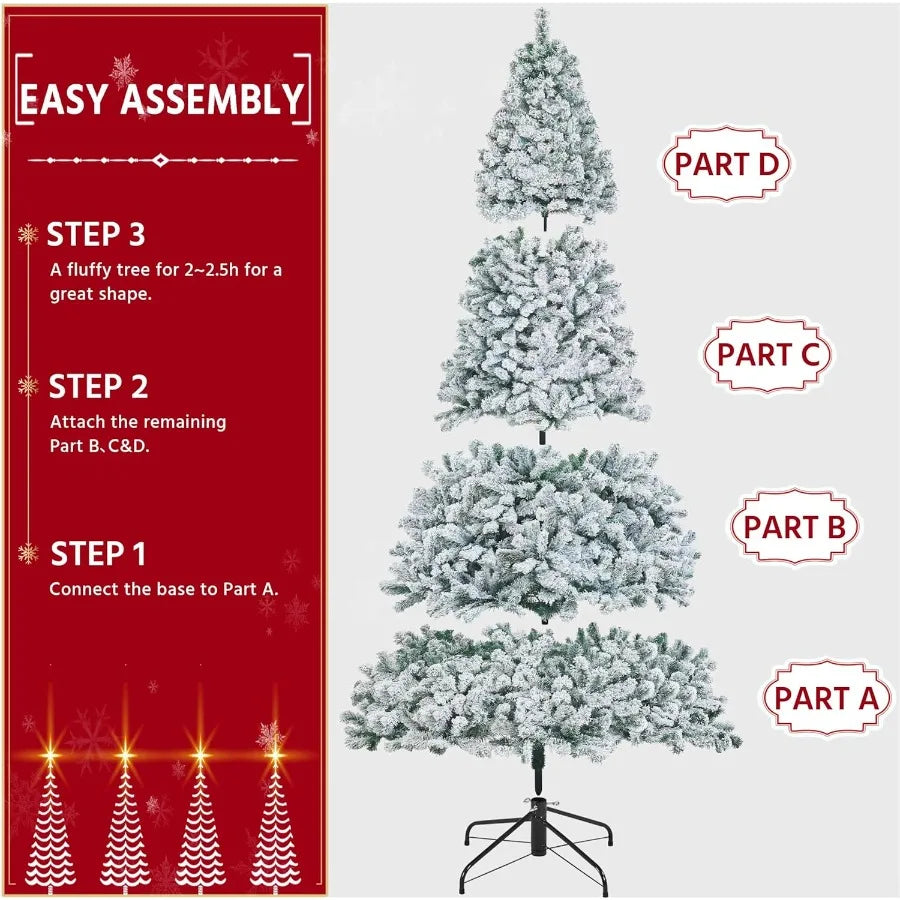 9ft Premium Snow Flocked Hinged Artificial Christmas Fake Spruce Full Tree for Home Office Party Decoration with 2108 Branches