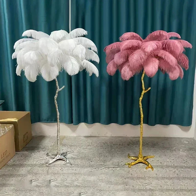 200cm Nordic Ostrich Feather Floor Lamp Resin Copper Living Room Home Decor Standing Light Indoor Lighting Bedroom Bedside Light