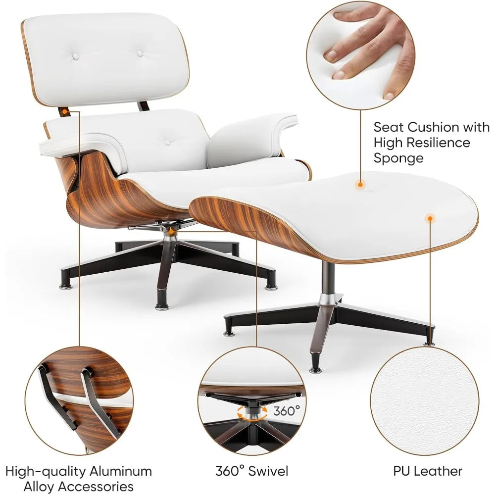 Top White PU Leather, Mid Century Chaise Lounge Chair and Ottoman, Modern Chair Classic Design, Palisander Wood, Heavy Duty Base