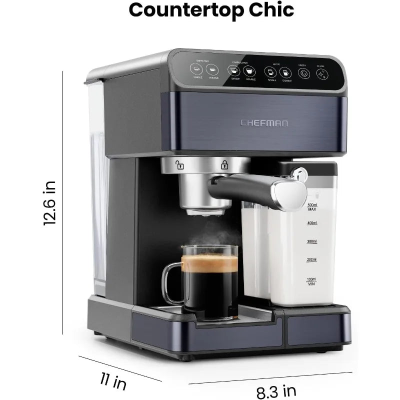 Chefman 6-in-1 Espresso Machine with Steamer, Automatic One-Touch Coffee Maker, Single or Double Shot Cappuccino Machine, Black