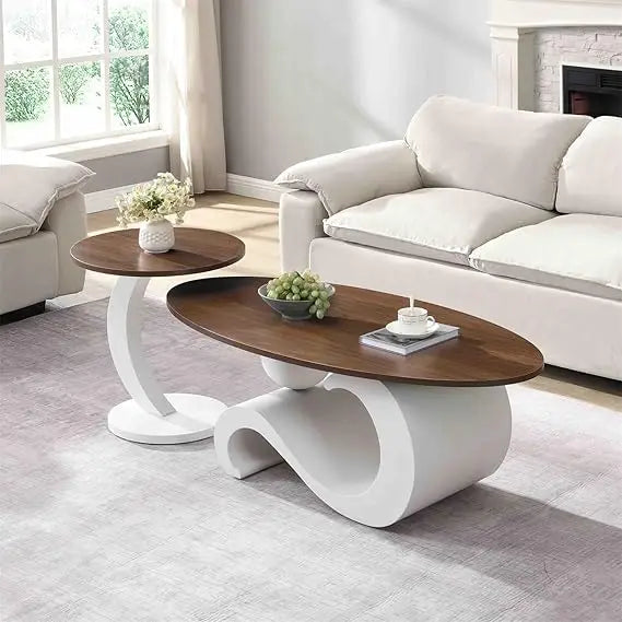 2 Piece Living Room Set, Modern Nest Coffee Table Set of 2, Faux Marble Tabletop Oval Coffee and End Table Set with Gold Iron Ge