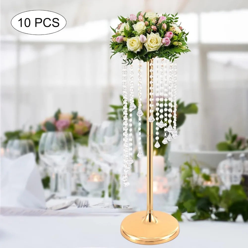 Centerpieces Gold Vases, 10PCS Metal Flower Candle Holder with Sparkling Crystal Beads, Crystal Flower Vase Metal Flowers