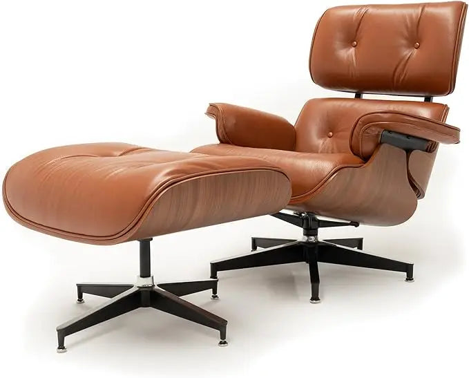Mid Century Chaise Lounge Chair with Ottoman, Top Black Grain Leather Modern Office Chair Classic Design,Heavy Duty Base Support