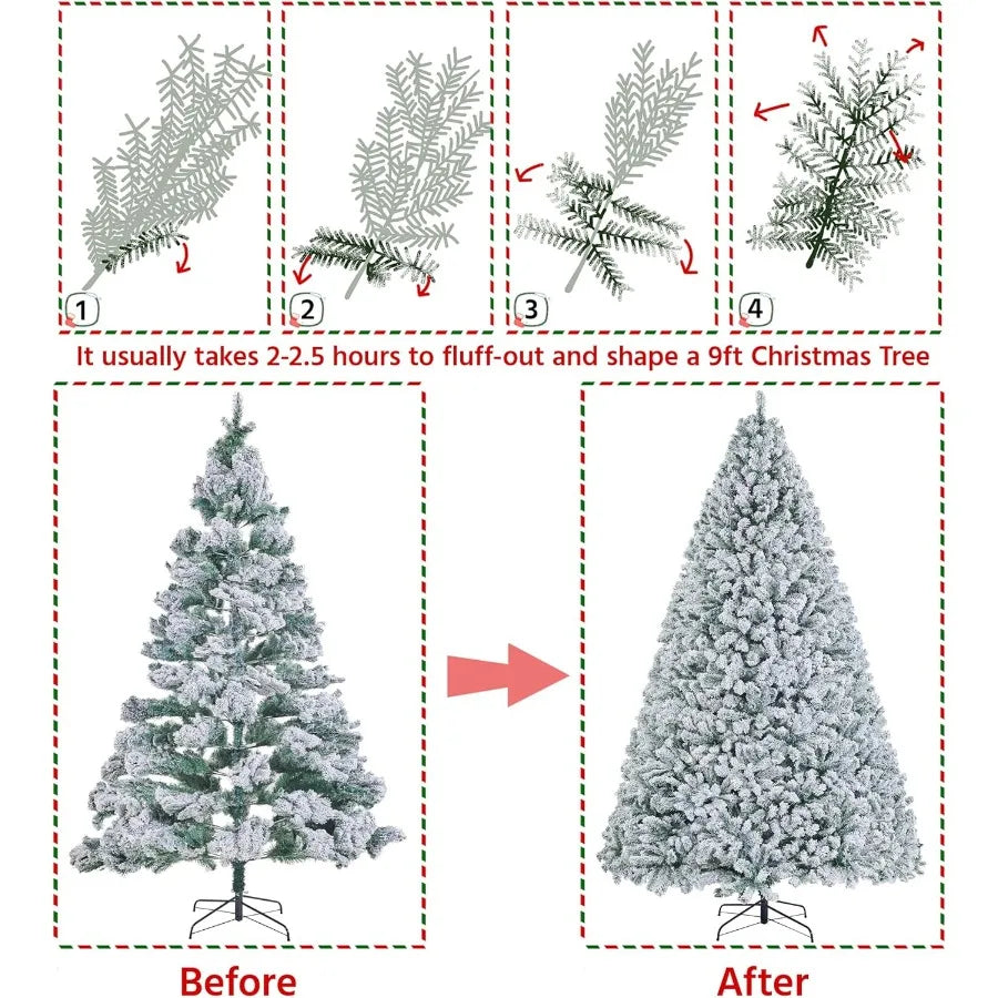 9ft Premium Snow Flocked Hinged Artificial Christmas Fake Spruce Full Tree for Home Office Party Decoration with 2108 Branches