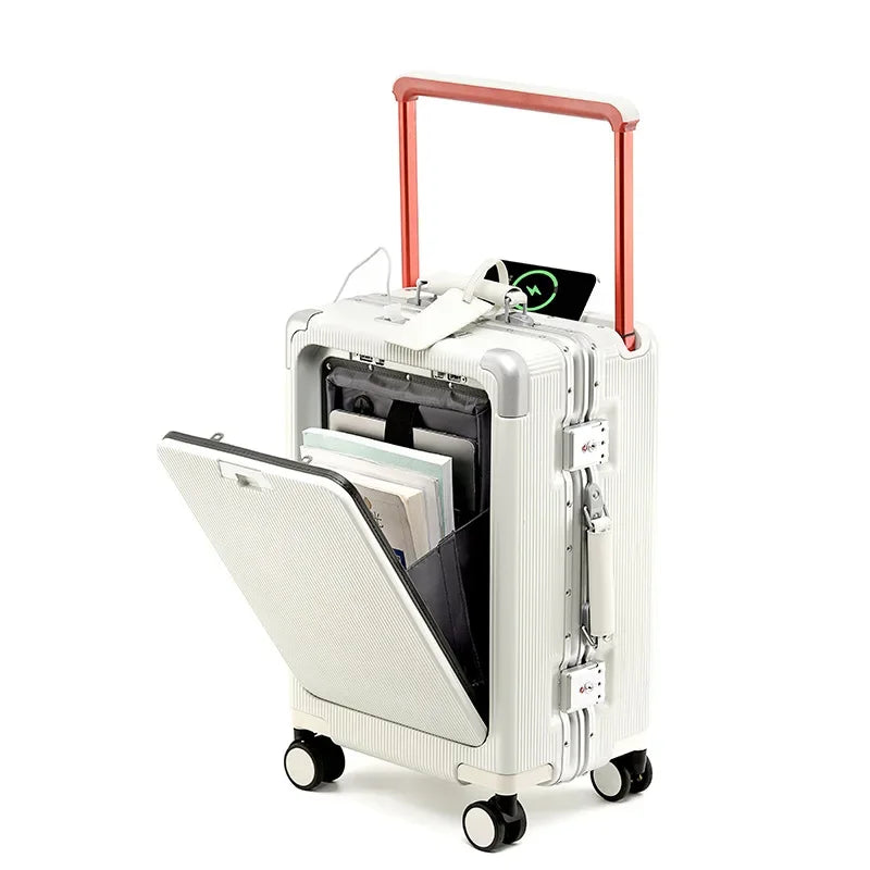 20/24/26 Inch Front Opening Pocket Suitcase Rolling Luggage Aluminum Frame Wide Handle Trolley Case with Wheel USB Charging
