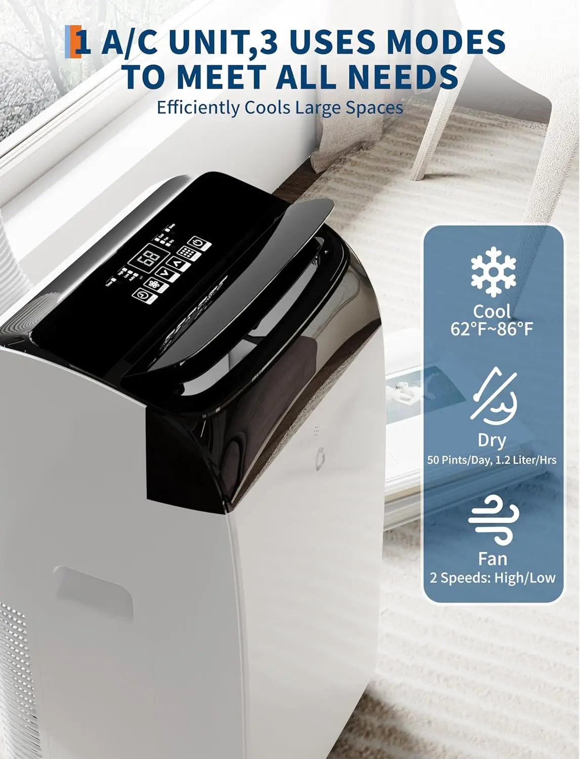 Portable Air Conditioner 14000 BTU Quiet AC Unit with Remote Control Built-in Dehumidifier, Fan, Sleep Mode, Window Exhaust Kit