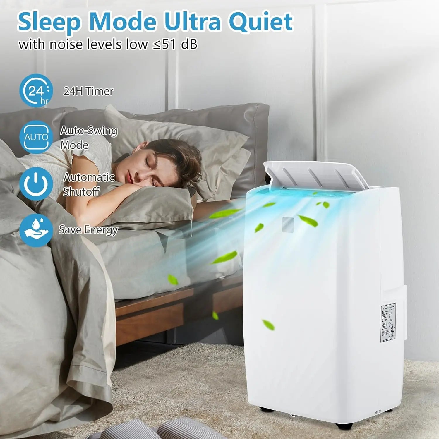 14,000 BTU Portable Air Conditioner - Smart Control Quiet 48dB 3-Speed Fan Dehumidifier 24-Hour Timer for 750 Sq. Ft.