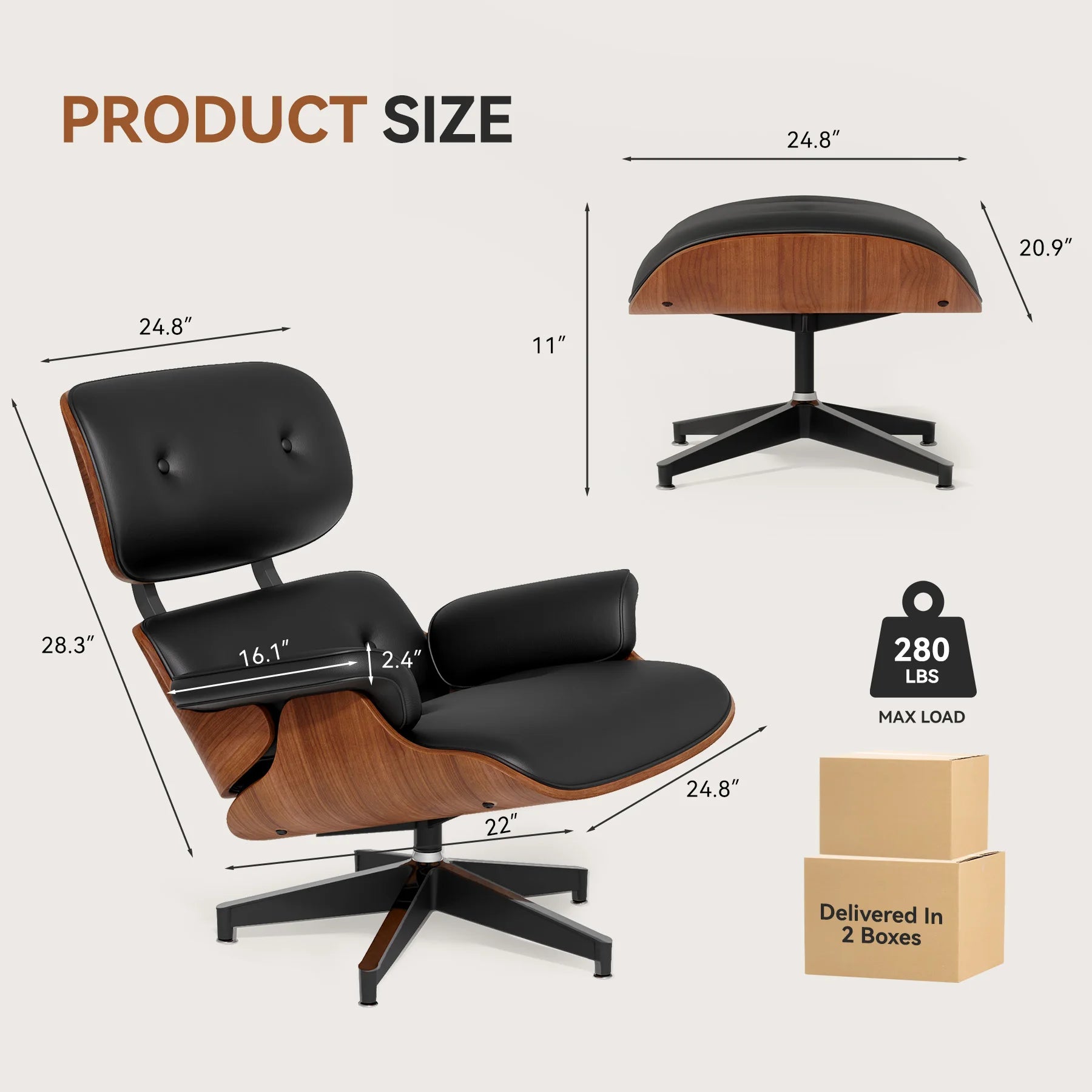 Top Black PU Leather, Mid Century Chaise Lounge Chair and Ottoman, Modern Chair Classic Design, Palisander Wood, Heavy Duty
