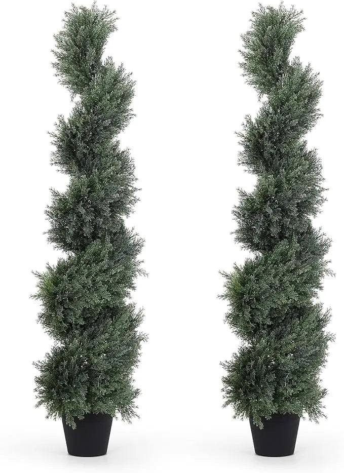 Pair of 4-Foot Tall Artificial Spiral Topiary Trees, 48-Inch Fake Cedar Outdoor Planters - Twist Cypress Look
