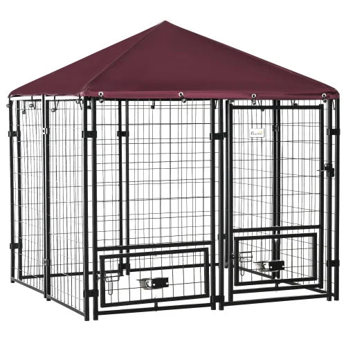 Outdoor Kennel With Rotating Bowl Rack Walk-in Pet Playpen Welded Wire Steel Dog Pen Waterproof UV Resistant Awning USA
