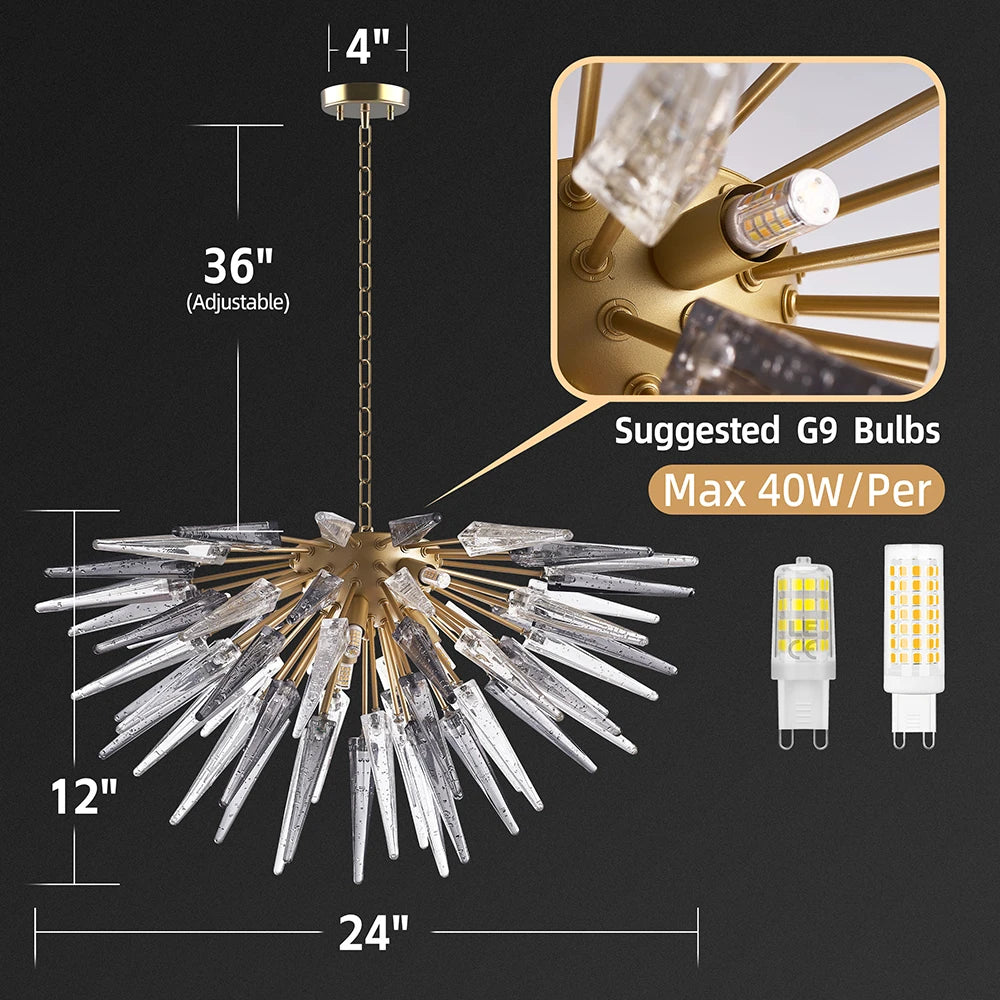 Longree Crystal Sputnik Chandeliers Table Top Kitchen 6-Lights Murano Glass Golden Hanging Pendant Light for Foyer Living Room