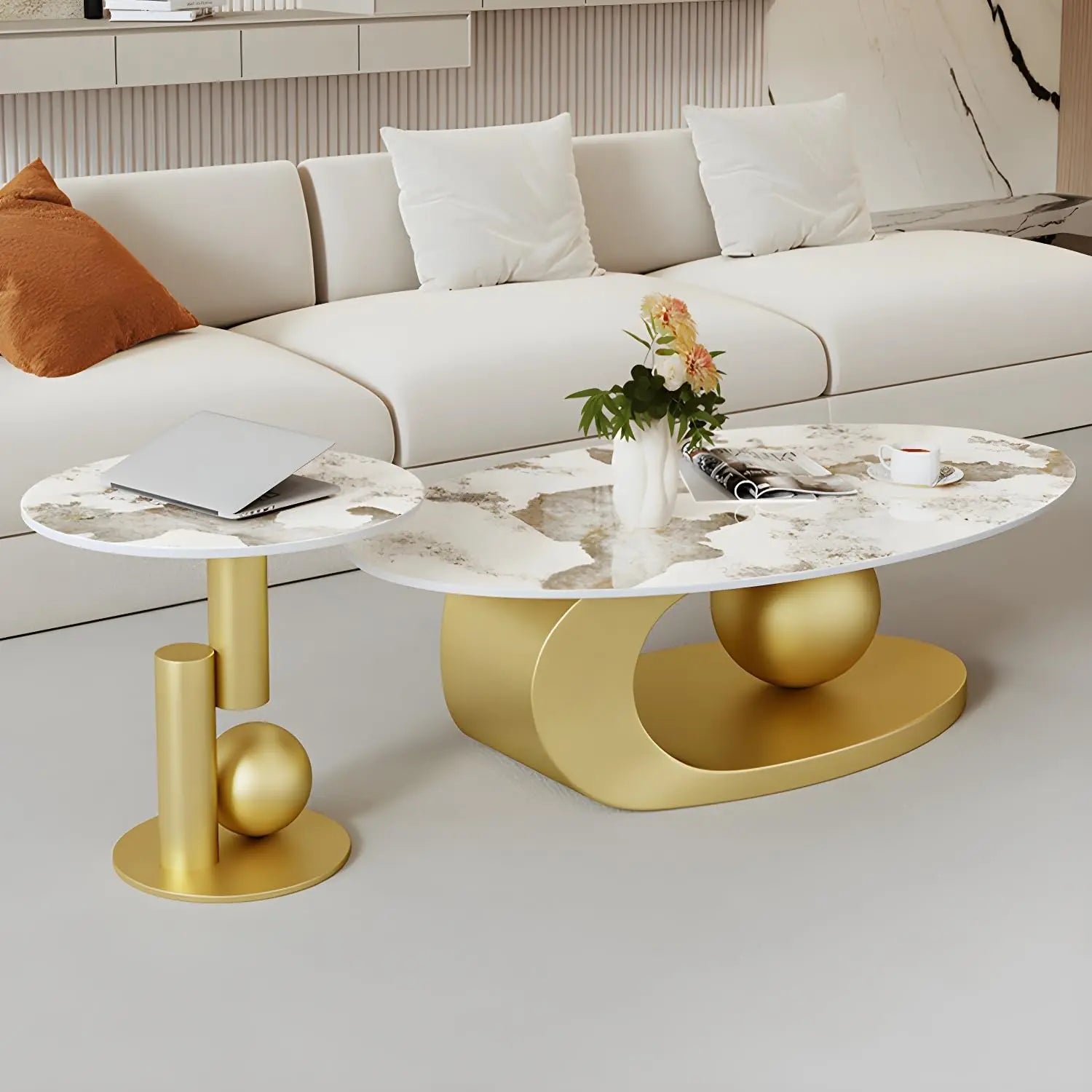 Modern Stone Coffee Table with Abstract Metal Base Living Room Table Center Table for Home Furniture
