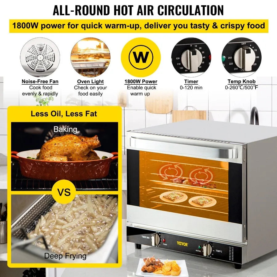 Commercial Convection Oven 66L 60Qt HalfSize Conventional Oven Countertop 1800W 4Tier Toaster w Front Glass Door Electric Baki