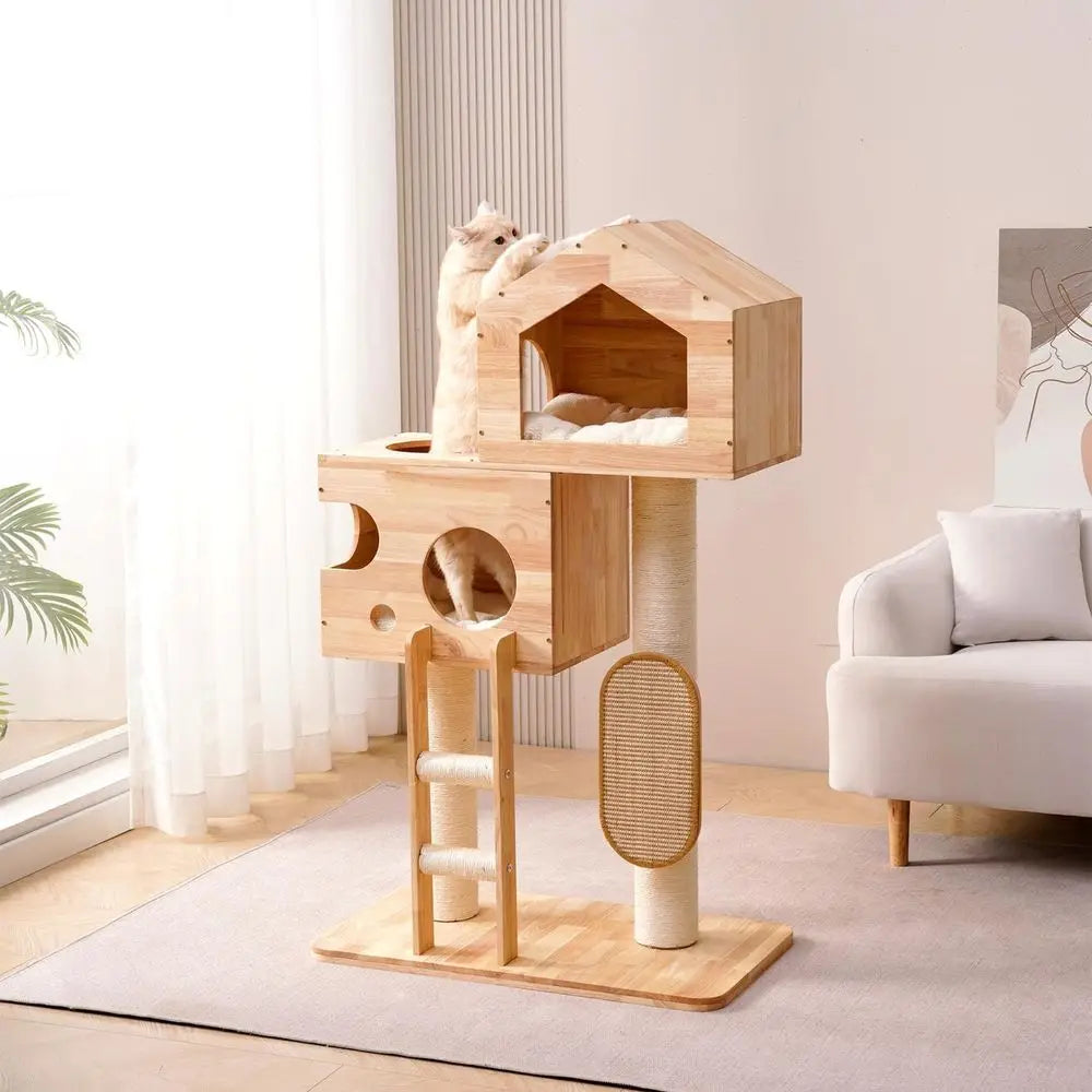 SHENGOCASE Modern Real Solid Rubber Wood Large Cat Tree Tower Castle with Big Enclosed Bed, House Condo, Scratching Post and Sis
