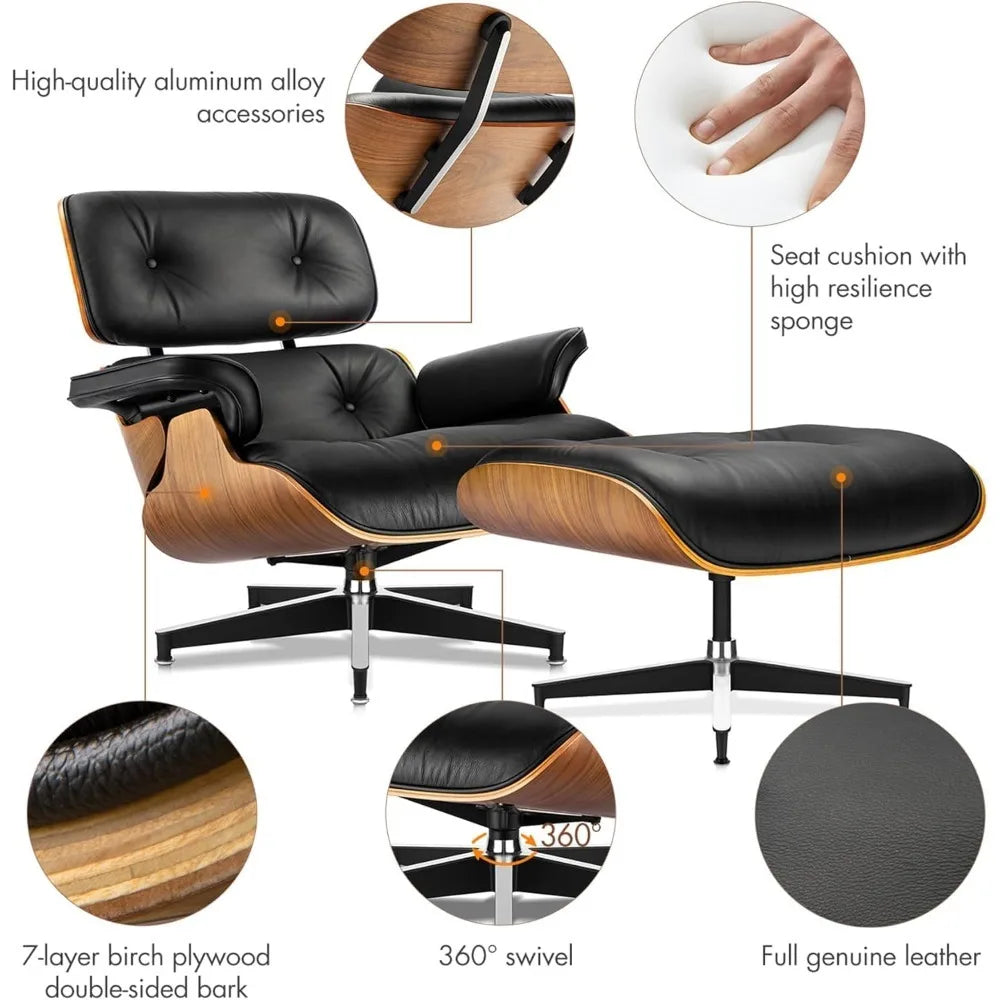 Mid Century Chaise Lounge Chair with Ottoman, Top Black Grain Leather Modern Office Chair Classic Design,Heavy Duty Base Support