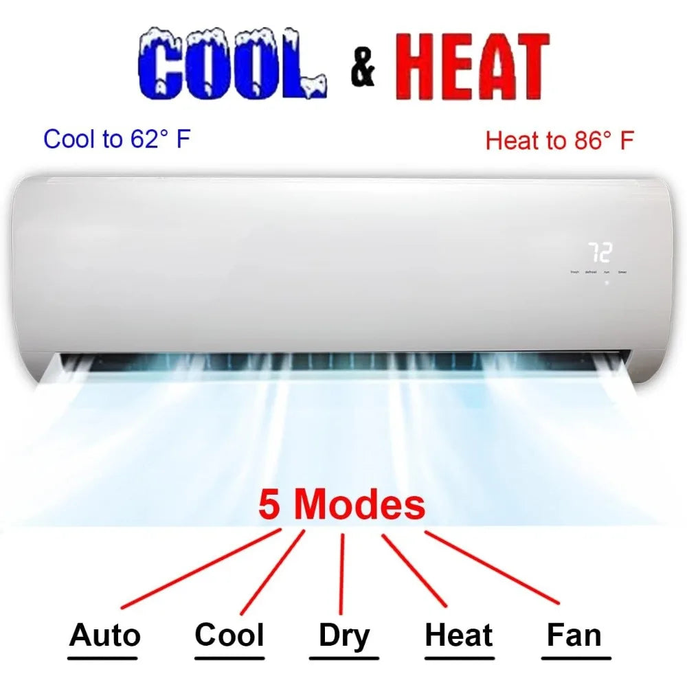 12000 BTU Mini Split Air Conditioner Ductless Inverter 17.4 SEER2 with Heat Pump 110V 1 Ton - Installation Kit Included