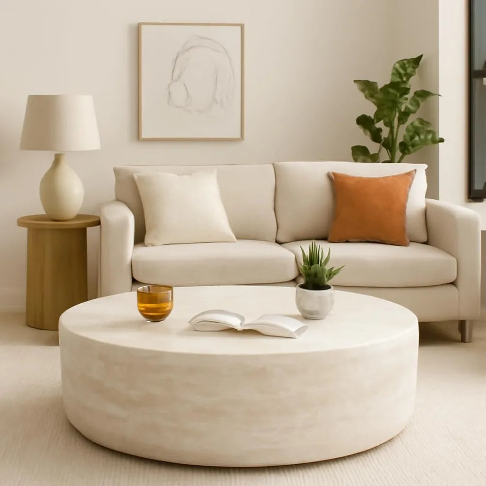Modern Drum Style Fiberglass Coffee Table, Round Marble-Look Table for Living Spaces and Apartments