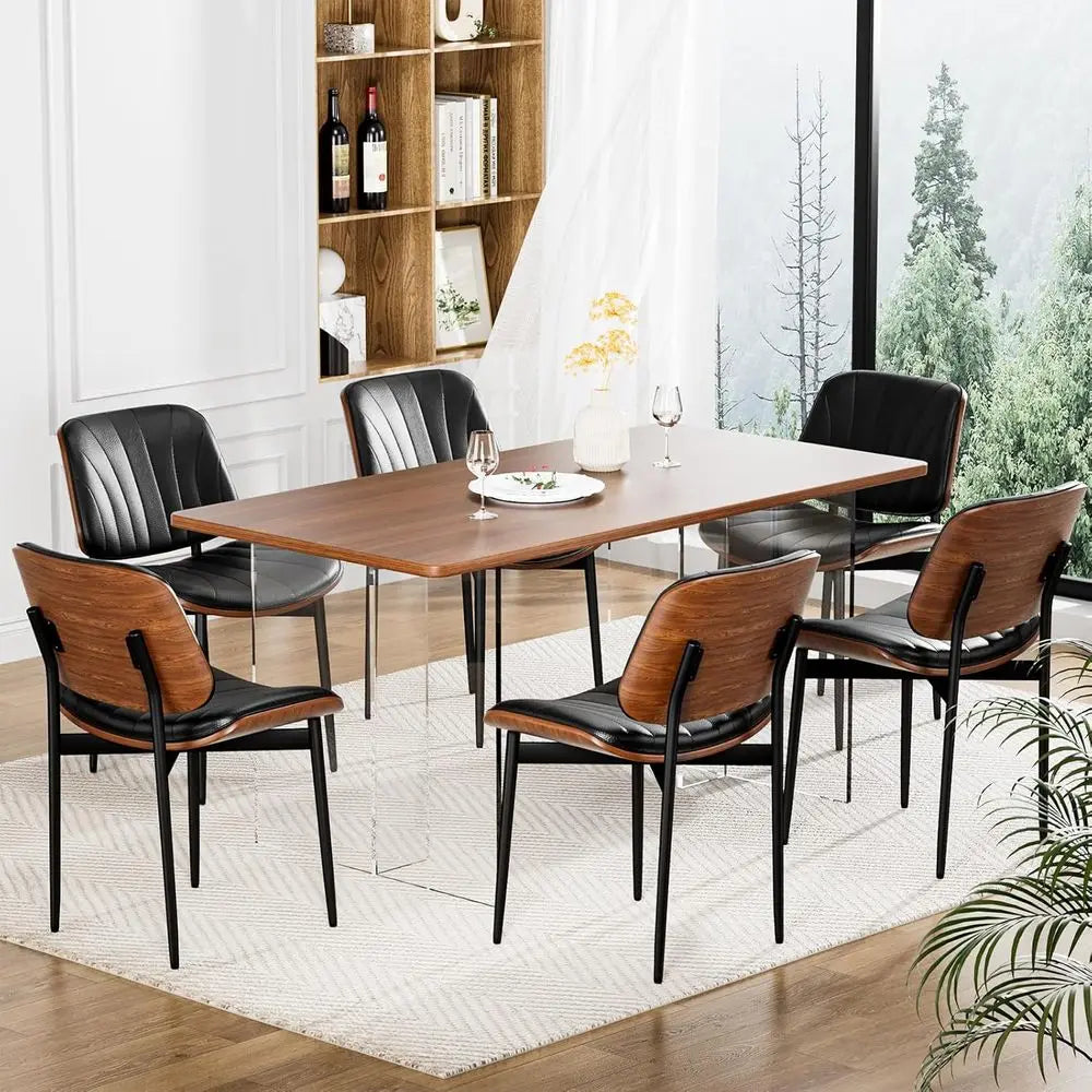 Set of 4 Modern Dining Chairs, Upholstered in Black PU Leather, Walnut and Metal Legs Accent Chairs for Kitchen and Dining Room