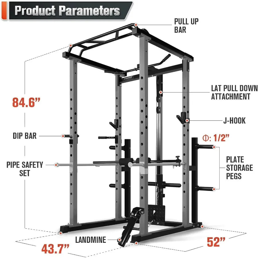Power Cage, 1000LB Squat Rack for Home & Garage Gym, with Weight Storage Rack and More Training Attachments