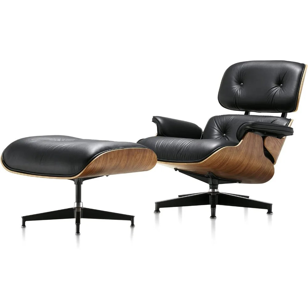Mid Century Chaise Lounge Chair with Ottoman, Top Black Grain Leather Modern Office Chair Classic Design,Heavy Duty Base Support