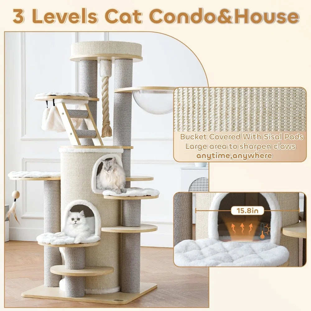 63'' Castle Large Cat Tree for Maine Coon,Modern Solid Wood Cat Tower for Indoor Cats Adults,Multi-Level Heavy Duty Luxury Cat C