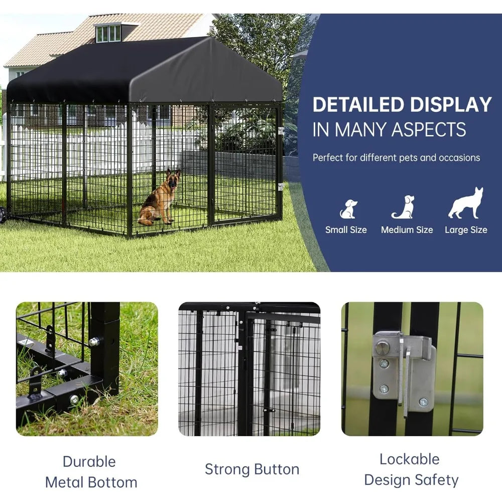 Sturdy Outdoor Dog Enclosure with Roof and Double Locks - Galvanized Steel Kennel (79W x 79D)
