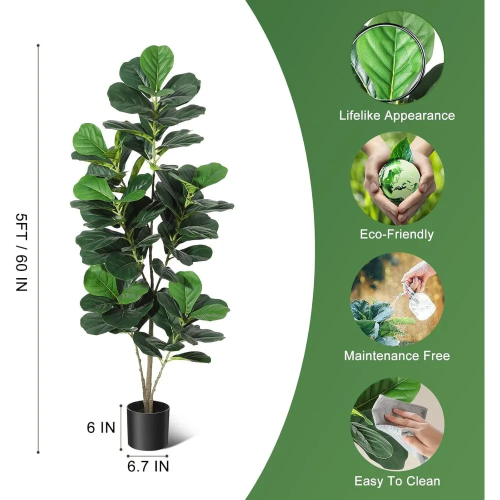 5FT Real Touch Fiddle Leaf Fig Artificial Tree with Black Pot, Lifelike Fake Plant for Home Office Decor