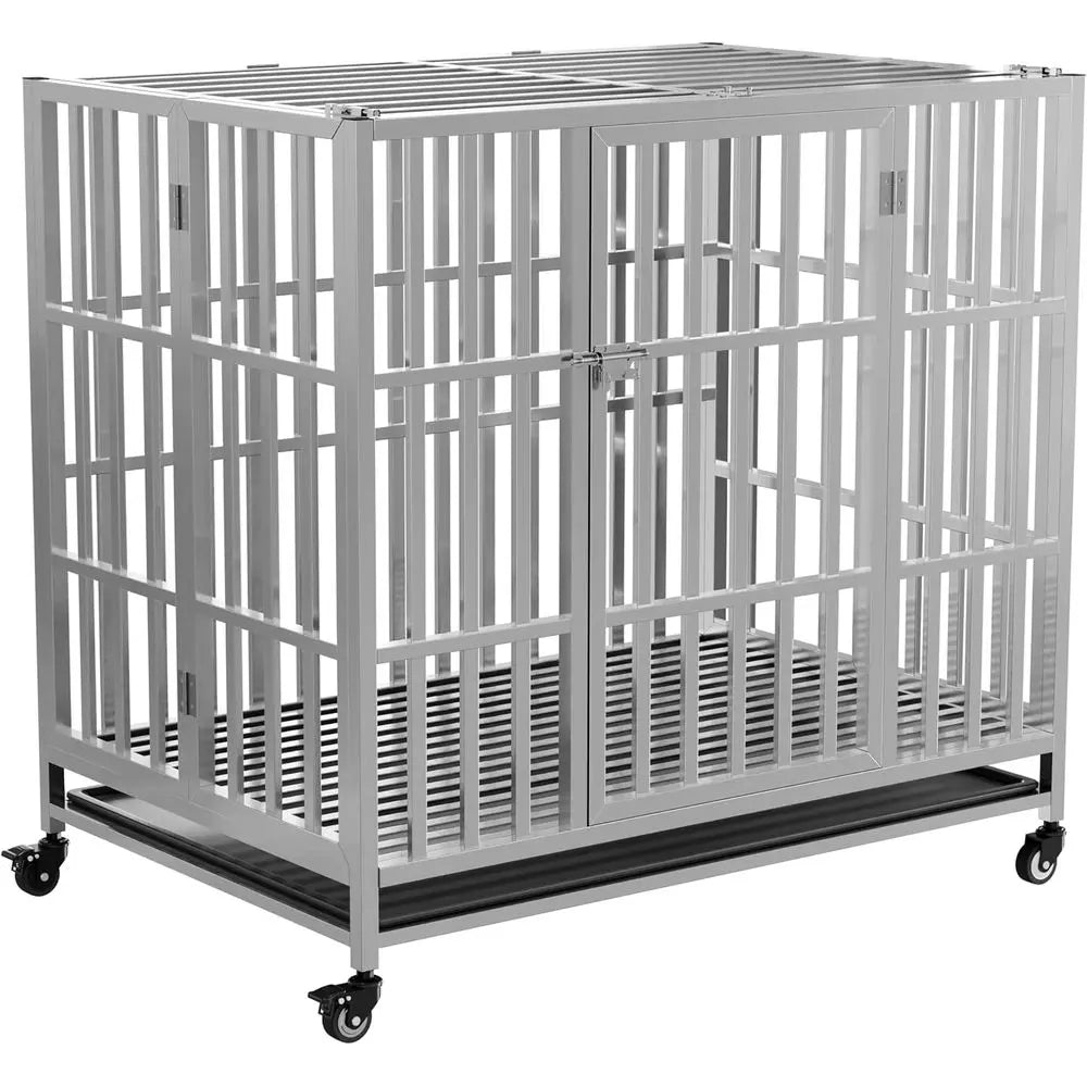 Stainless Steel Heavy Duty Dog Cage, Collapsible Metal Kennel Crate for Medium to Large Dogs, Easy Assembly Pet Pen with Lockabl