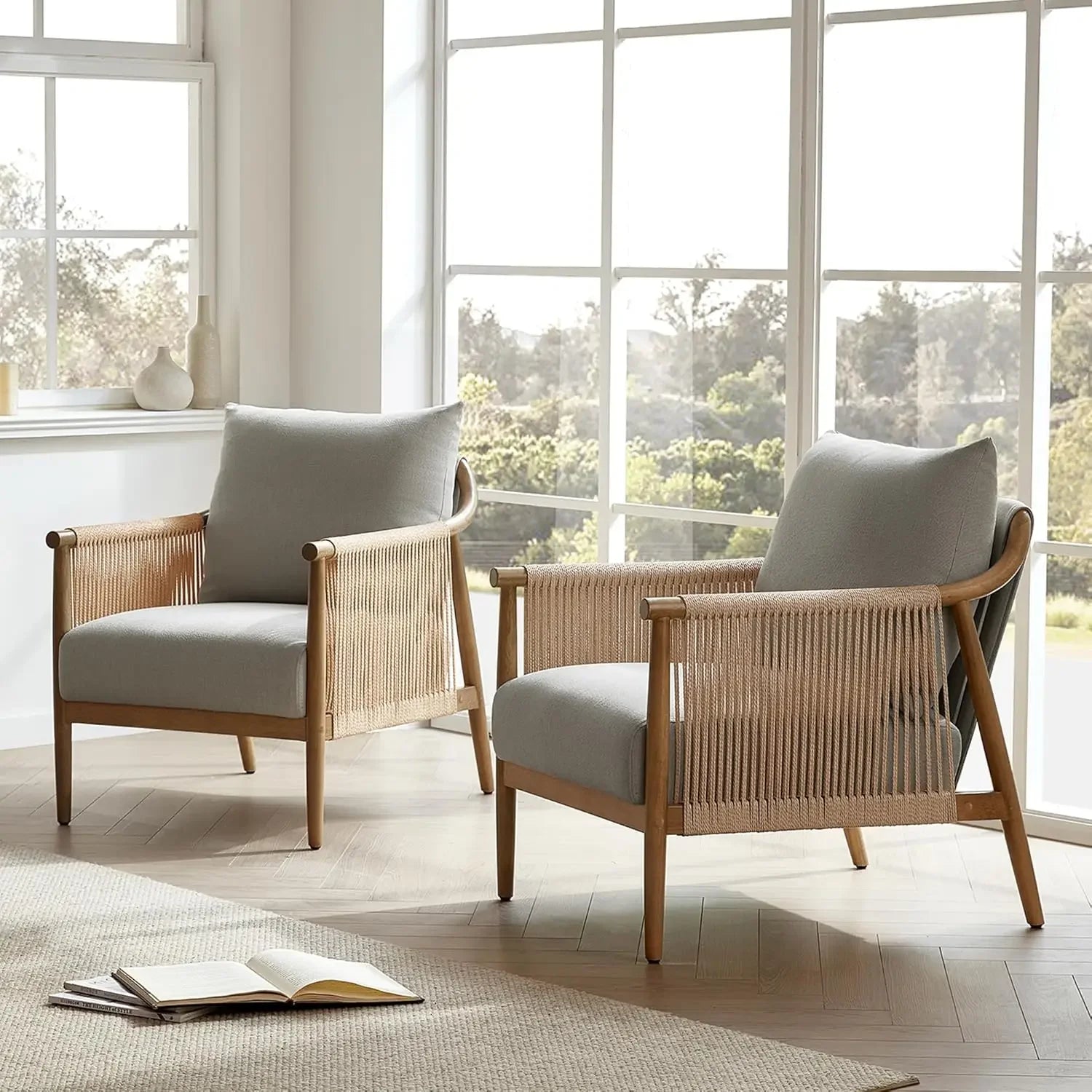 Braid Armchair Set of 2, Modern Accent Chair for Living Room, Light Grey