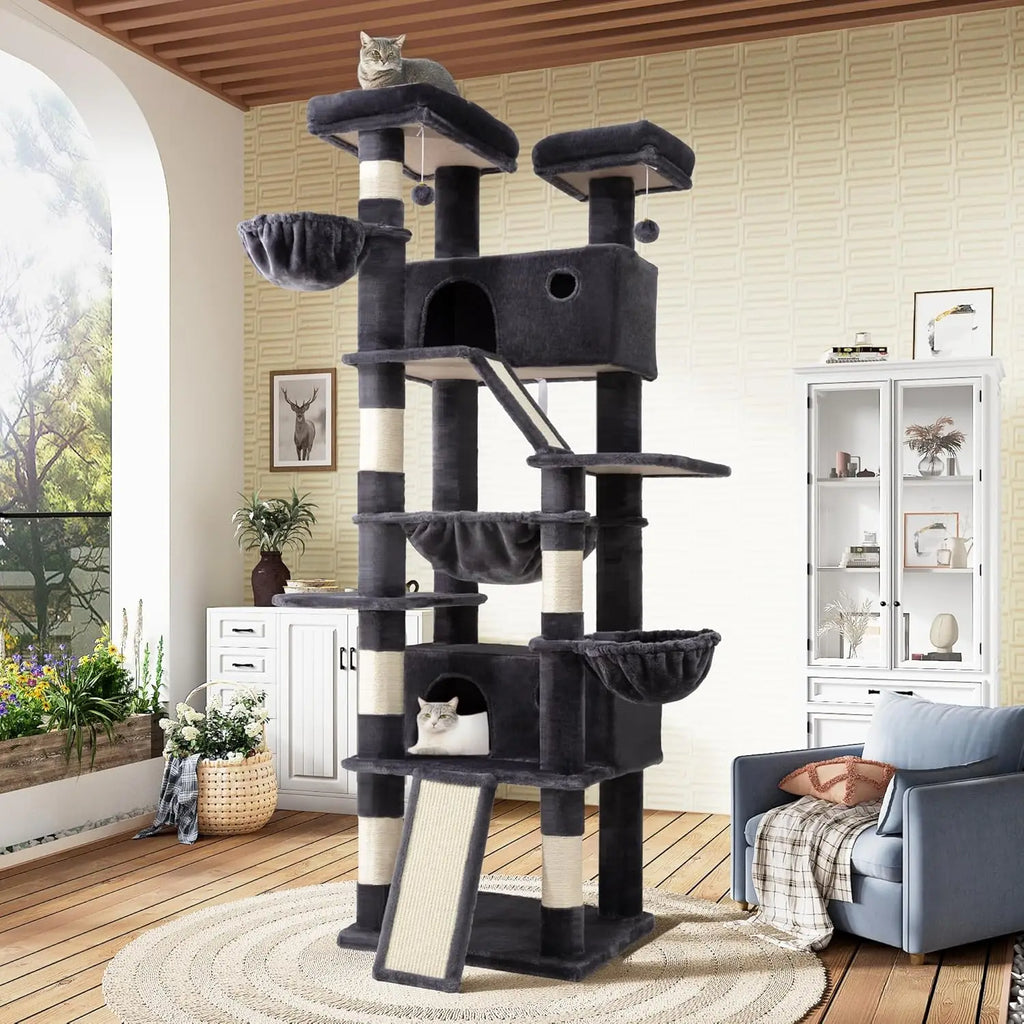 81" Tall Cat Tree - Hammock, Cozy Perches, Sisal Posts & Wide Base -Dark Grey Cat Condo