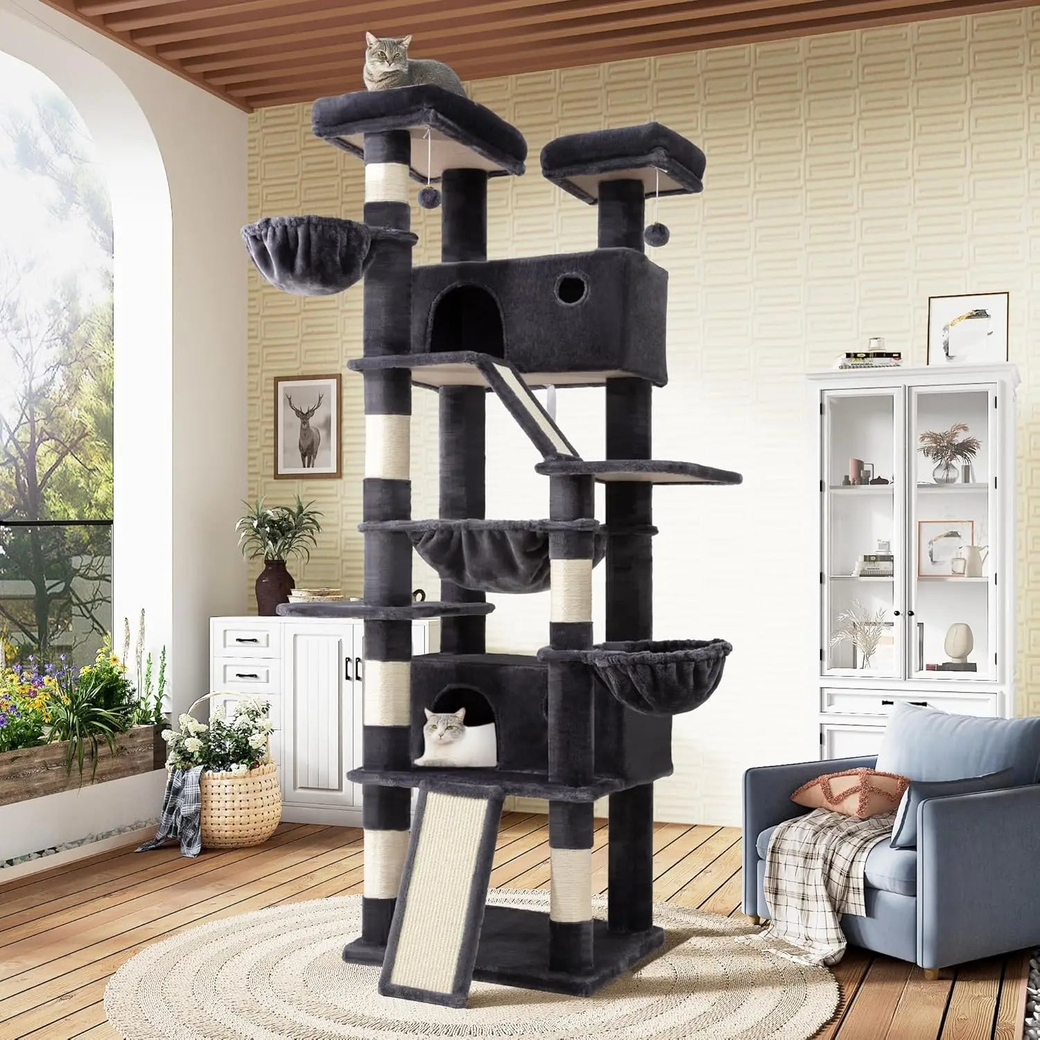 81" Tall Cat Tree - Hammock, Cozy Perches, Sisal Posts & Wide Base -Dark Grey Cat Condo