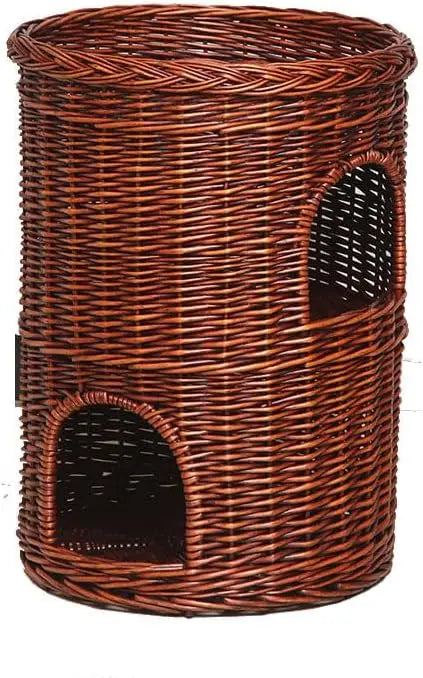 Indoor Willow Wicker Cat Tower with 2-Level Beds, Play and Sleep Furniture for Kittens, 42x42cm Pet Den and Cozy Bed