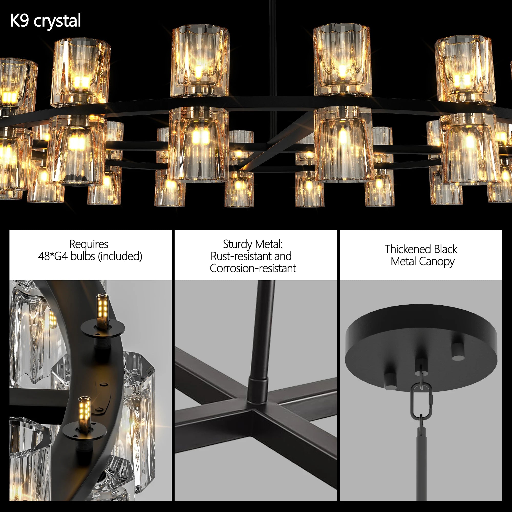 Wagon Wheel over Table, Modern 48 Inch Black Round Chandelier Light Fixture, Crystal for Dining Room, Living Room