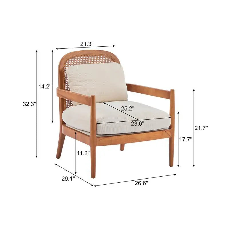 Set of 2 Mid-Century Modern Accent Chairs with Walnut Finish Solid Wood Frame and Rattan Backrest, Beige Cushions with Striped