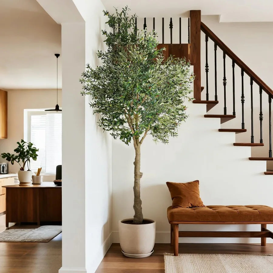 Artificial Olive Tree 10FT Indoor Fake Silk Plant with Realistic Trunk Leaves Fruits and White Planter Faux Potted Tree for Hom