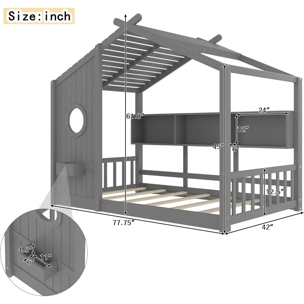 Twin-Sized Storage-Friendly Kids' Montessori Bed with Wooden House Frame and Roof for Girls